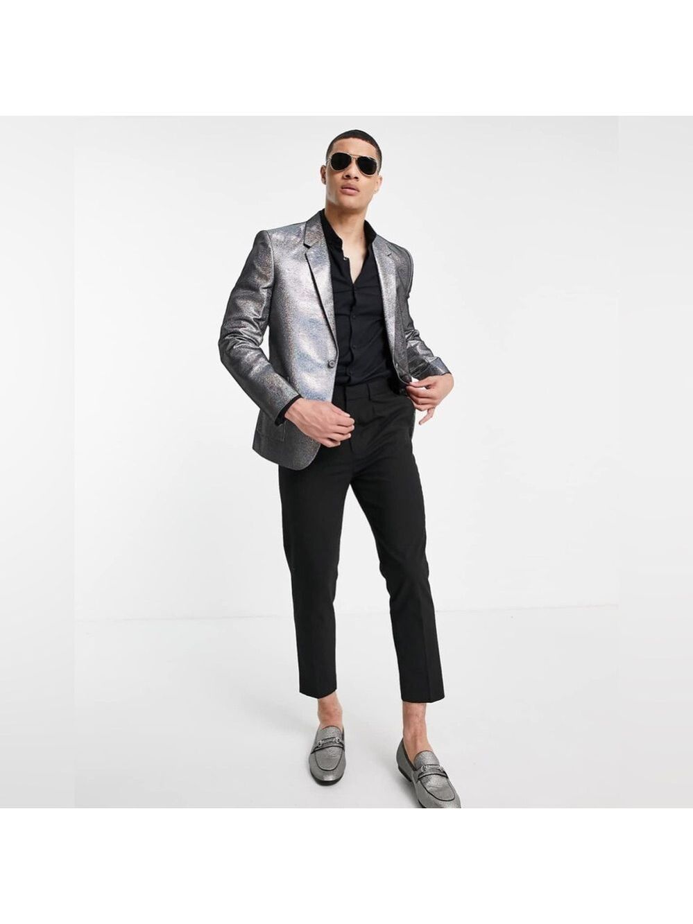 ASOS DESIGN slim multi shimmer blazer-fits chest size 36” - oil slick silver